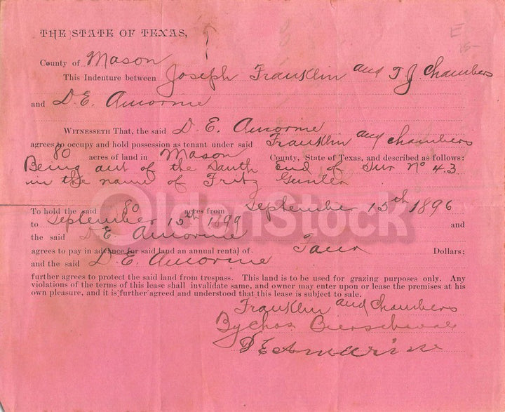 Mason County Texas Antique Signed Land Rental Deed dated 1896