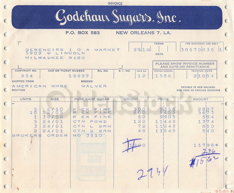 Godchaux Sugars New Orleans LA Vintage Advertising Sales Invoice 1954