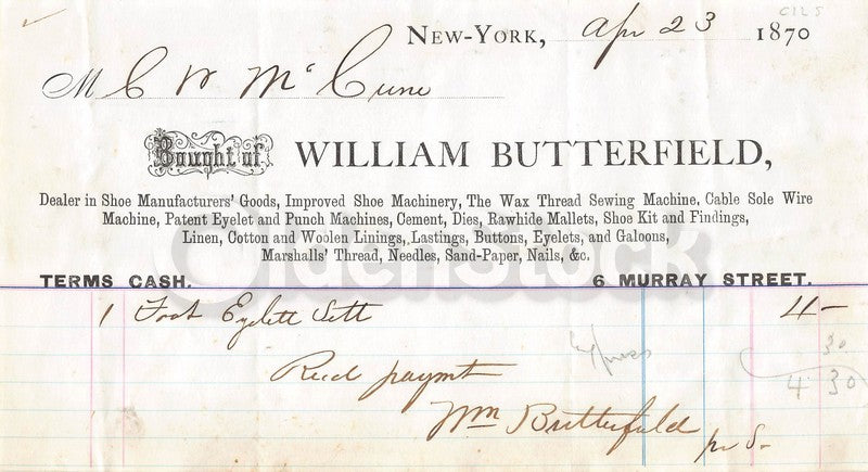 William Butterfield Sewing Machine Supply NY Antique Signed Letterhead Receipt 1870