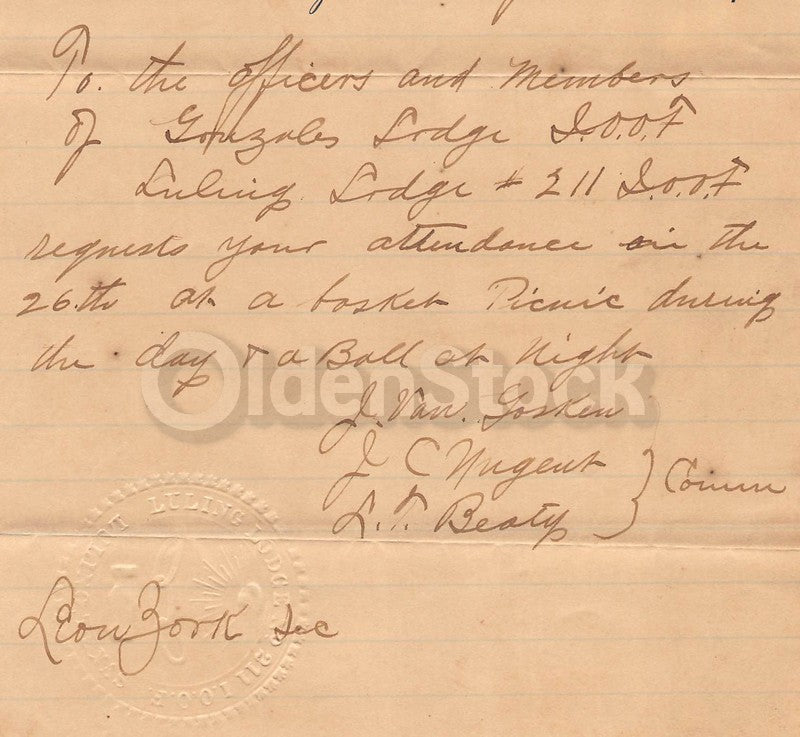 Odd Fellows Luling Lodge Gonzales Lodge Texas Antique Signed Letterhead 1893