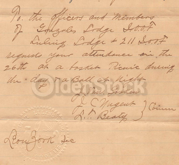 Odd Fellows Luling Lodge Gonzales Lodge Texas Antique Signed Letterhead 1893