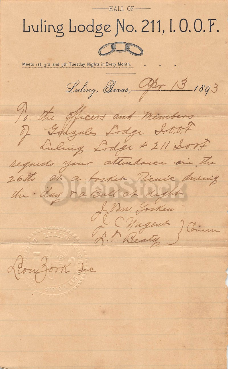 Odd Fellows Luling Lodge Gonzales Lodge Texas Antique Signed Letterhead 1893