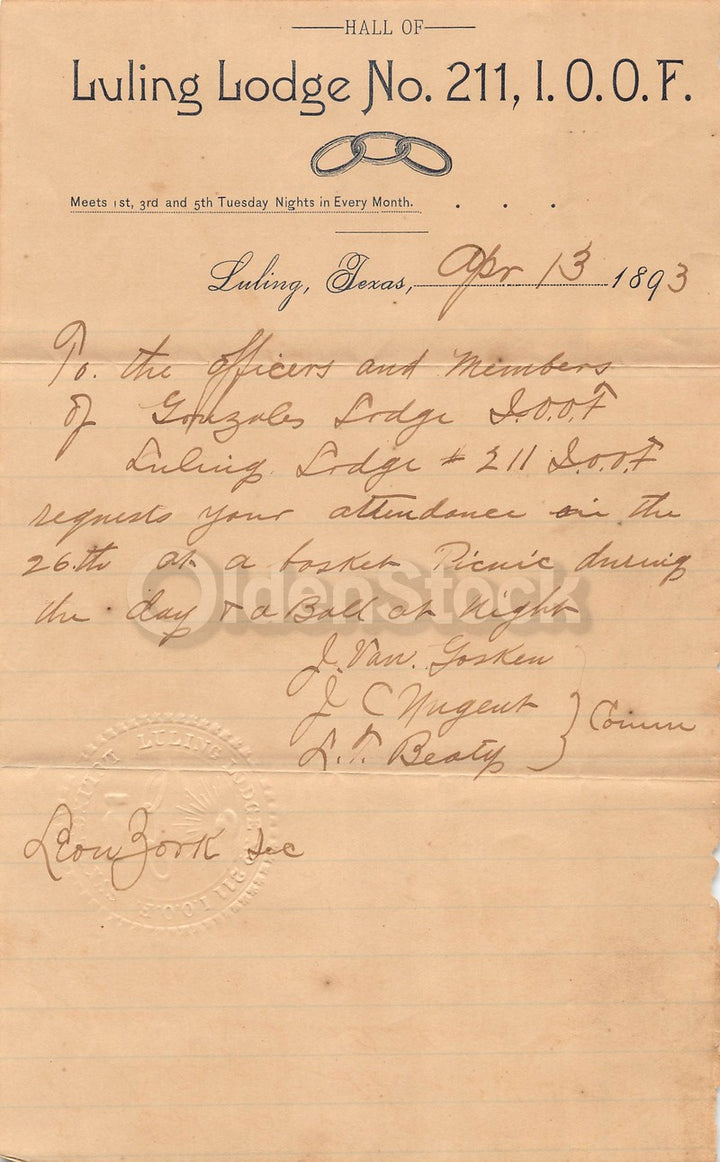 Odd Fellows Luling Lodge Gonzales Lodge Texas Antique Signed Letterhead 1893