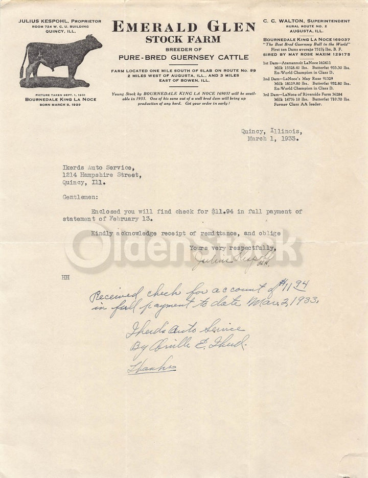 Emerald Glen Stock Farm Quincy Illinois Antique Signed Advertising Letter 1935