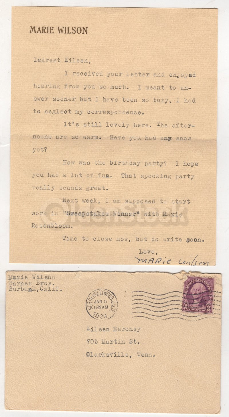 Marie Wilson Broadway Musketeers Movie Actress Autograph Signed Letter 1938