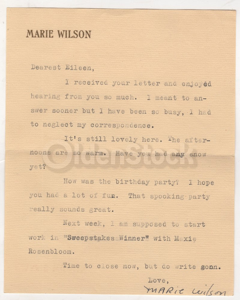 Marie Wilson Broadway Musketeers Movie Actress Autograph Signed Letter 1938