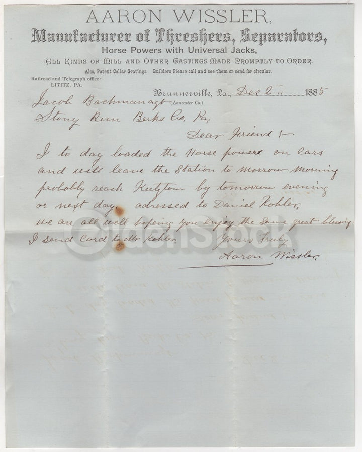 Aaron Wissler Farm Tools Antique Autograph Signed Agriculture Advertising Letter 1885