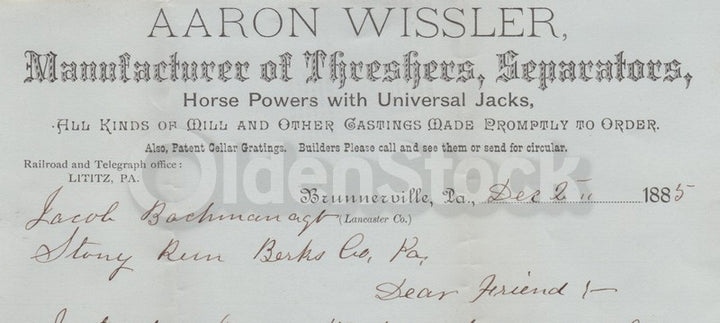 Aaron Wissler Farm Tools Antique Autograph Signed Agriculture Advertising Letter 1885