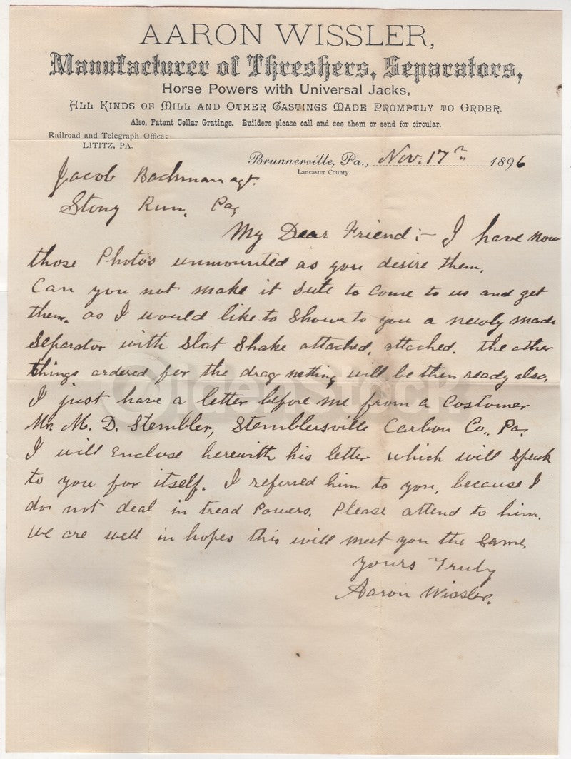 Aaron Wissler Farm Supply Lititz Pennsylvania Antique Advertising Signed Letter 1896