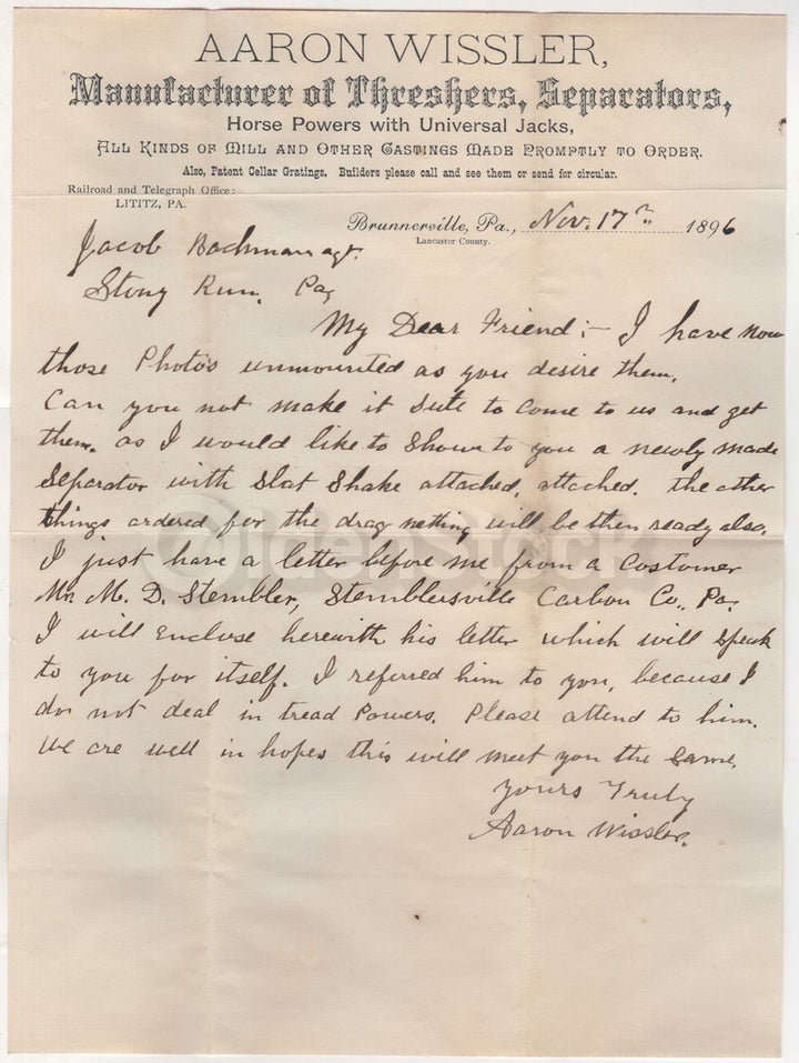 Aaron Wissler Farm Supply Lititz Pennsylvania Antique Advertising Signed Letter 1896