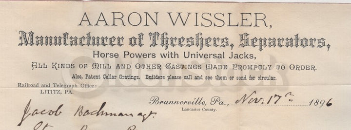 Aaron Wissler Farm Supply Lititz Pennsylvania Antique Advertising Signed Letter 1896