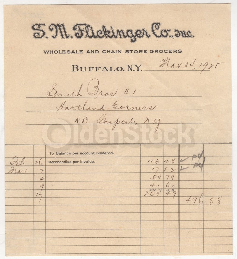S.M. Flickinger Wholesale Grocer Buffalo NY Antique Advertising Sales Receipt 1925