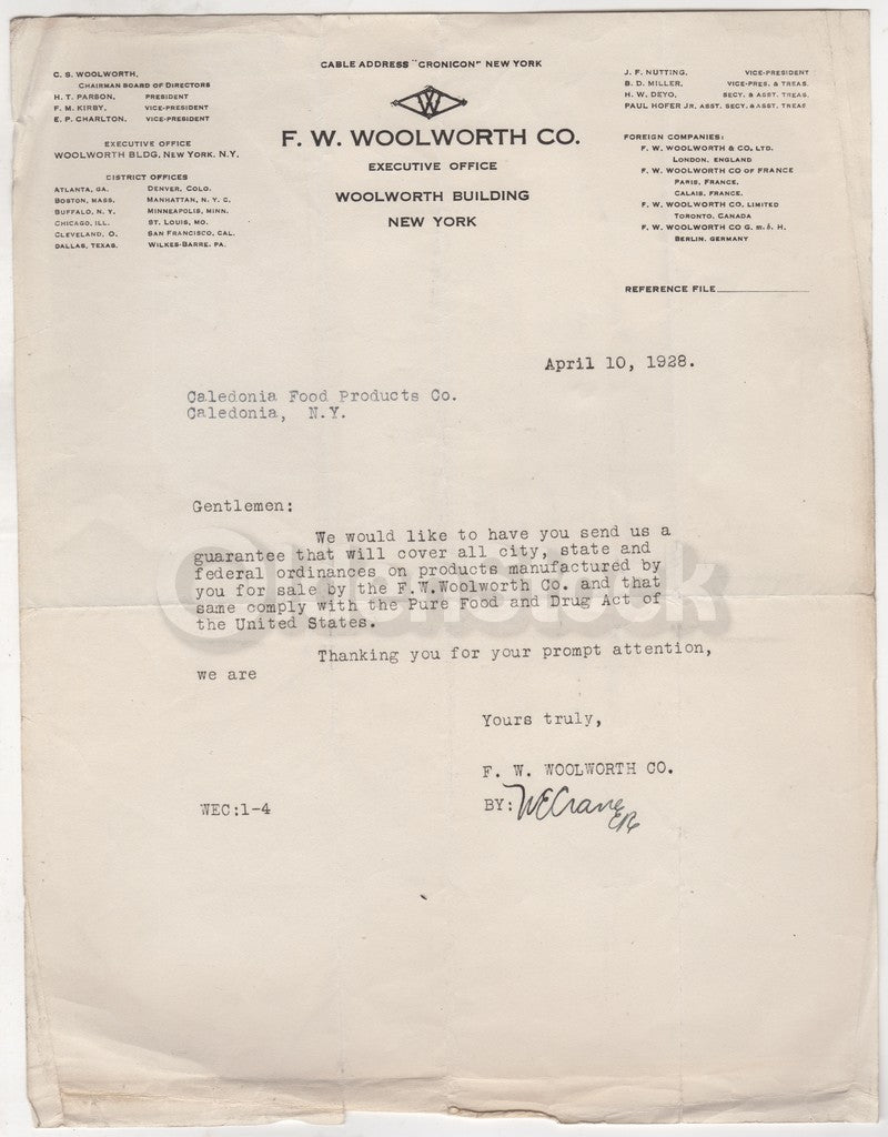 F. W. Woolworth Co W.E. Crane Antique Autograph Signed Stationery Letter 1928