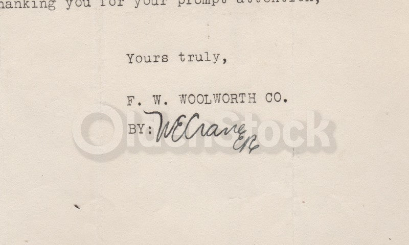 F. W. Woolworth Co W.E. Crane Antique Autograph Signed Stationery Letter 1928
