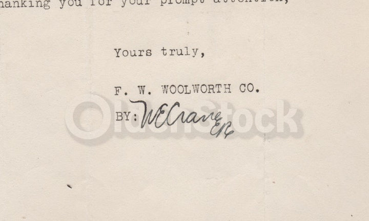 F. W. Woolworth Co W.E. Crane Antique Autograph Signed Stationery Letter 1928