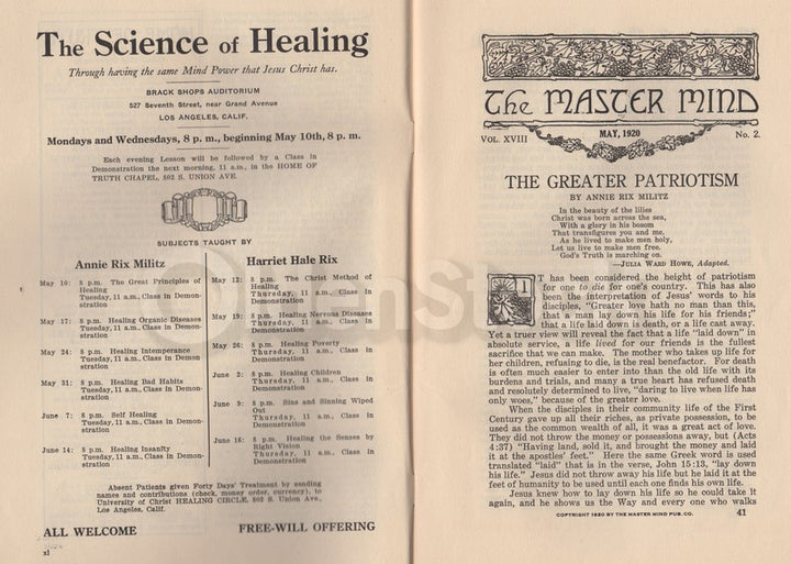 Annie Rix Militz New Thought Metaphysical Religion Magazine May 1920