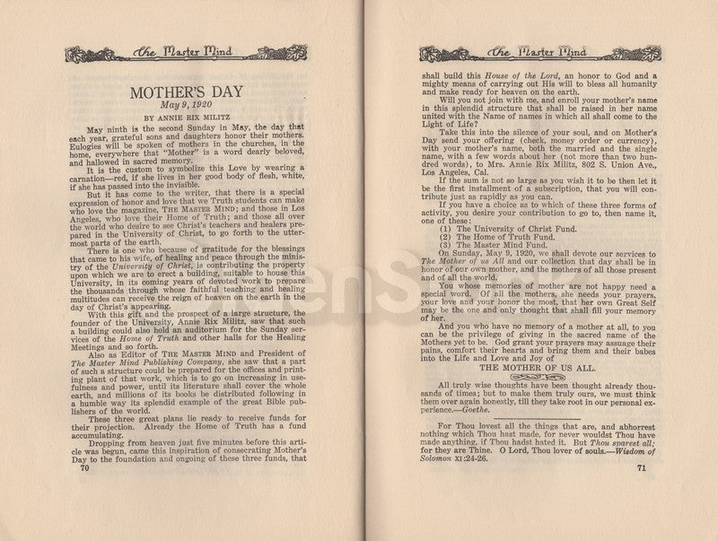 Annie Rix Militz New Thought Metaphysical Religion Magazine May 1920