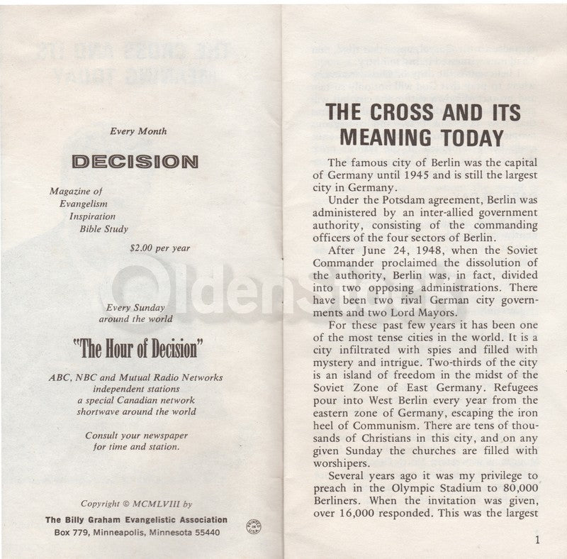 Billy Graham Cross and Its Meaning Vintage Religious Bible Tract Booklet
