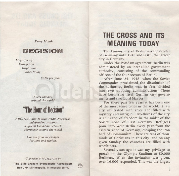 Billy Graham Cross and Its Meaning Vintage Religious Bible Tract Booklet