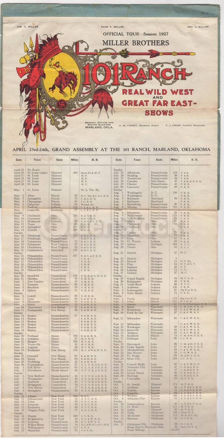 Oklahoma Wild West Show 101 Ranch Antique Broadside Schedule Poster 1927
