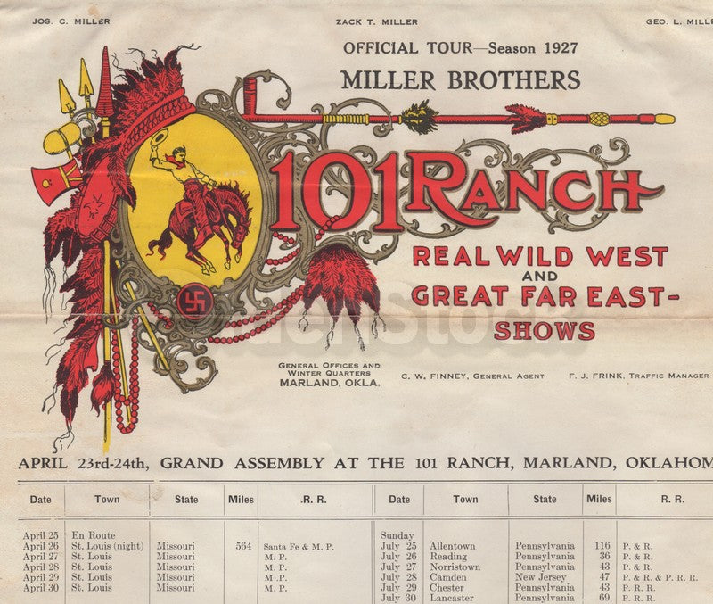 Oklahoma Wild West Show 101 Ranch Antique Broadside Schedule Poster 1927