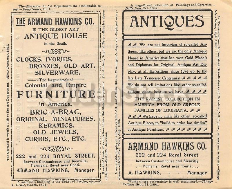 Armand Hawkins Antiques Store New Orleans Antique Sales Advertising Flyer 1894