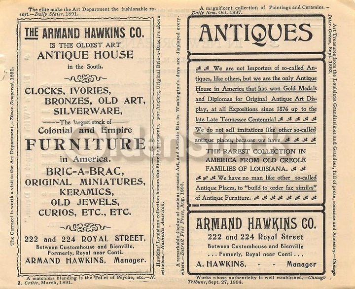 Armand Hawkins Antiques Store New Orleans Antique Sales Advertising Flyer 1894