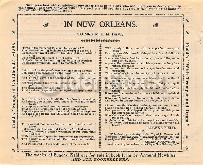 Armand Hawkins Antiques Store New Orleans Antique Sales Advertising Flyer 1894