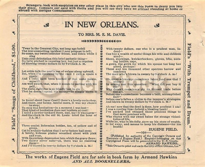 Armand Hawkins Antiques Store New Orleans Antique Sales Advertising Flyer 1894