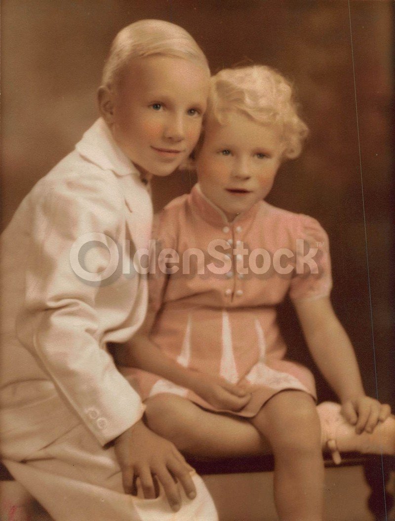 Cute Blonde Kids Loving Brother & Sister Vintage 1940s Children's Fashions Studio Photo