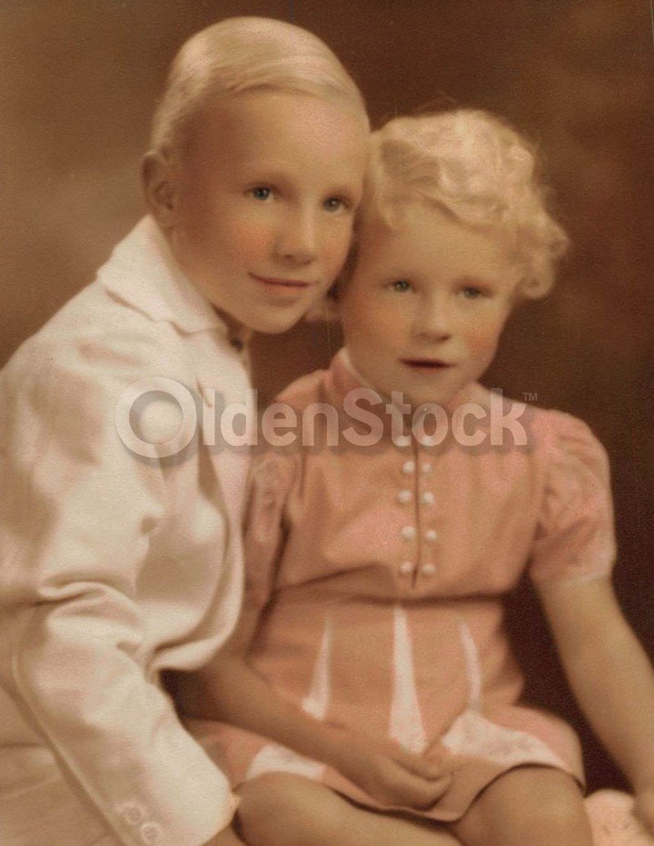 Cute Blonde Kids Loving Brother & Sister Vintage 1940s Children's Fashions Studio Photo