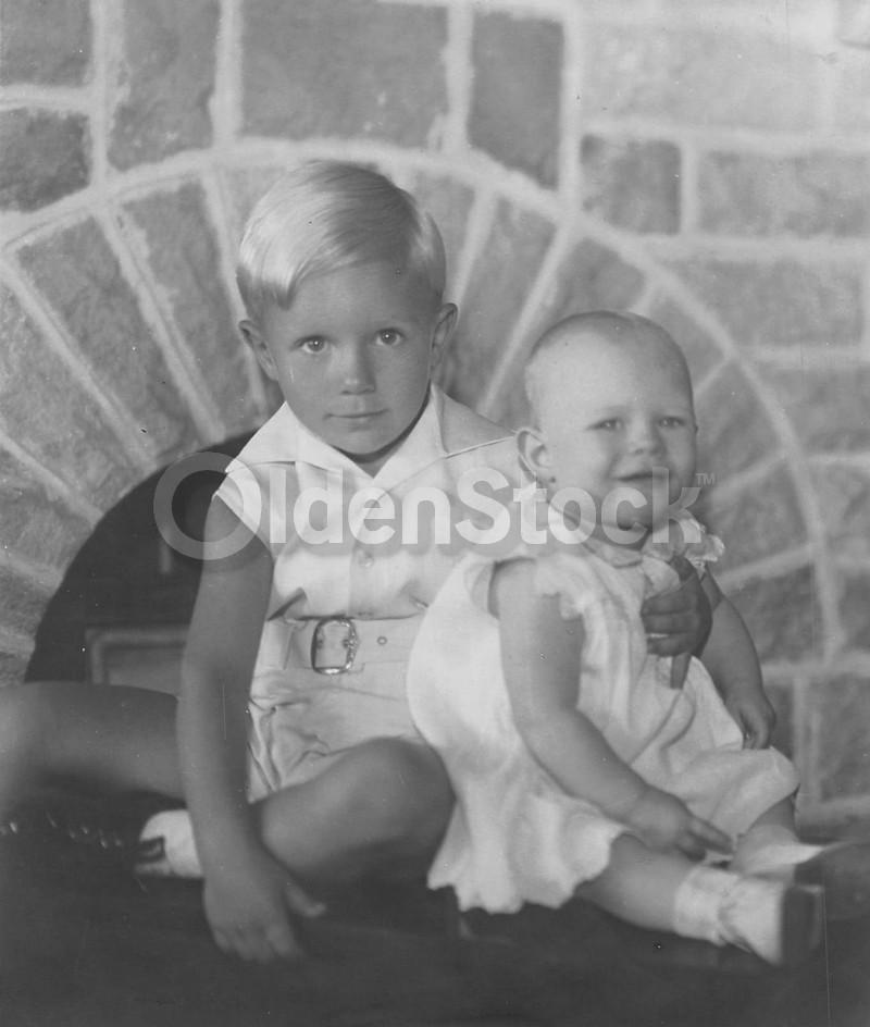 Cute Brother & Baby Sister Vintage 1940s Children's Fashions Family Studio Photo