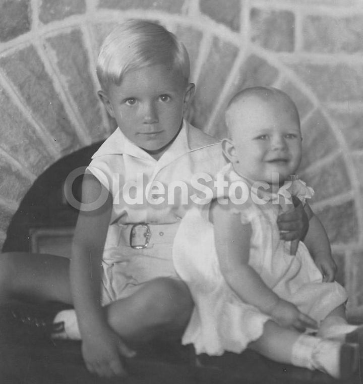 Cute Brother & Baby Sister Vintage 1940s Children's Fashions Family Studio Photo