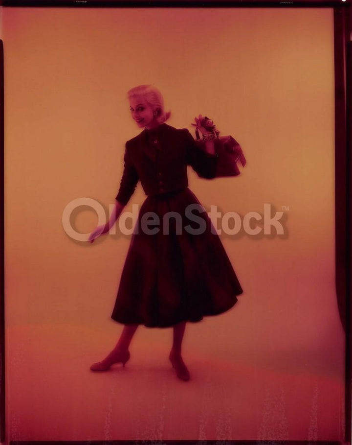 Coy Blonde Fashion Model in Plaid Skirt Vintage Clothing 1960s Advertising Photo Negative