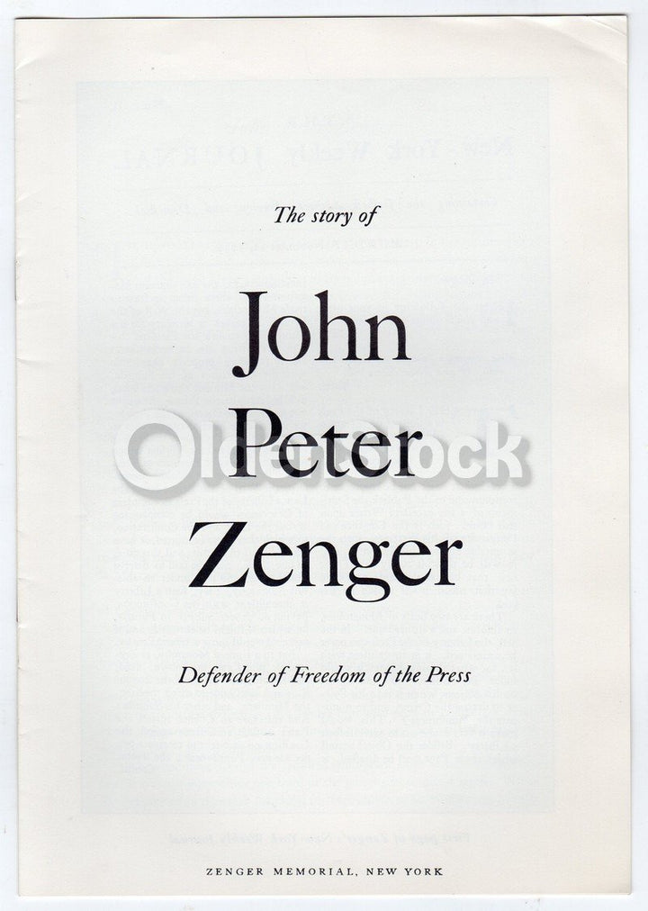 John Peter Zenger Defender of Freedom of the Press Vintage Memorial Book