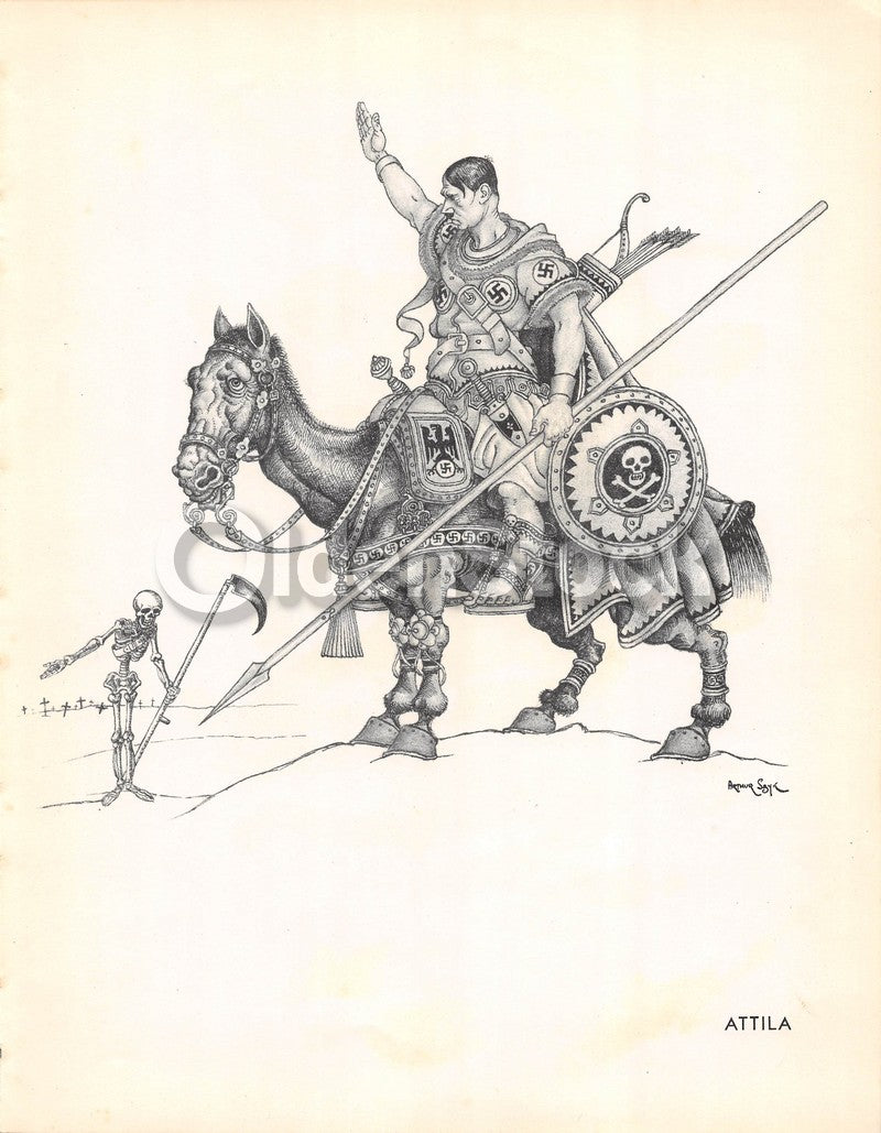 Hitler as Attila the Hun WWII Political Cartoon Anti-German Propaganda Art Print by Arthur Szyk