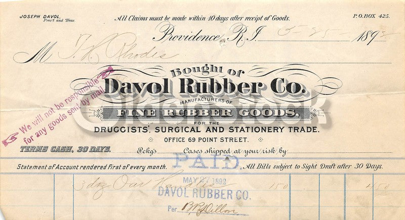 Davol Rubber Medical Supply Providence Rhode Island Antique Advertising Letter 1892