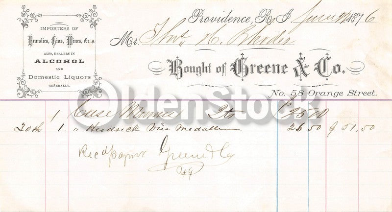 Green Company Liquors Providence Rhode Island Antique Advertising Sales Receipt 1876