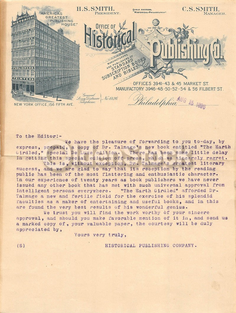 Historical Publishing House New York City Antique Advertising Letterhead 1896