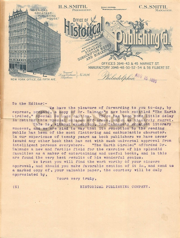 Historical Publishing House New York City Antique Advertising Letterhead 1896