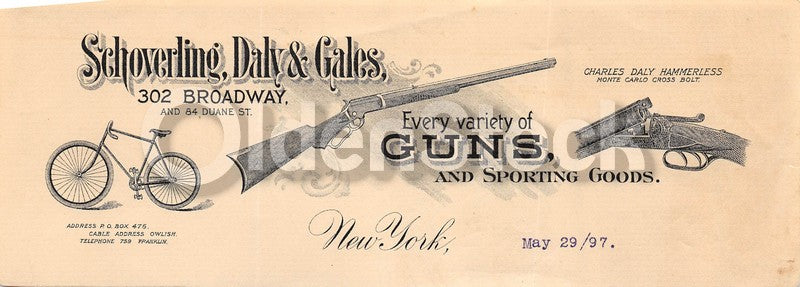 Schoverling Daly & Gales Sport Guns Rifles NY Antique Advertising Letterhead 1897