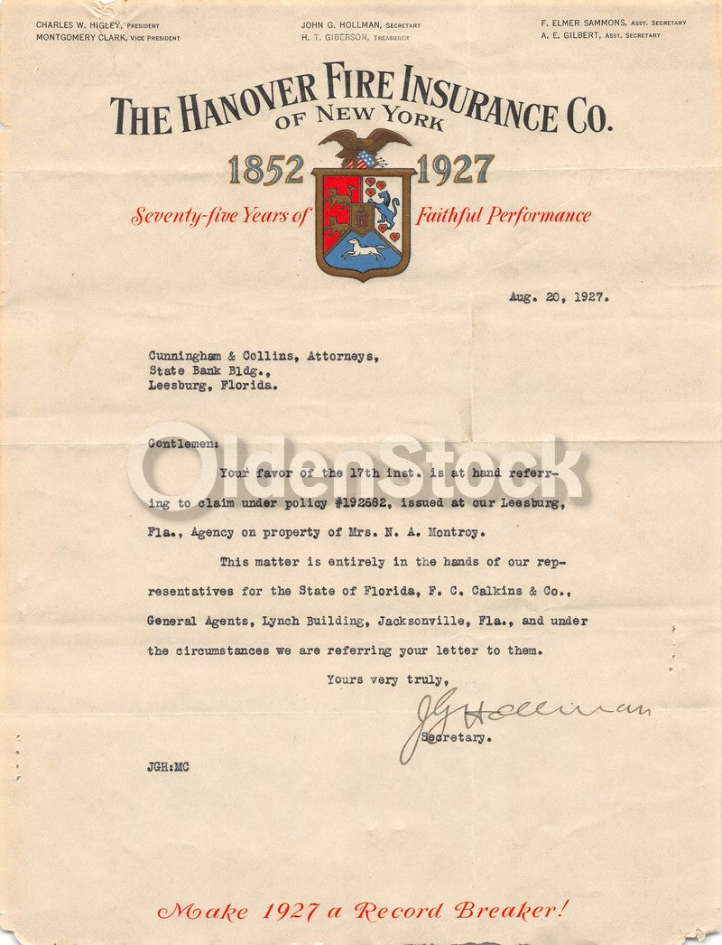 Hanover Fire Insurance New York Antique Autograph Signed Advertising Letter 1927