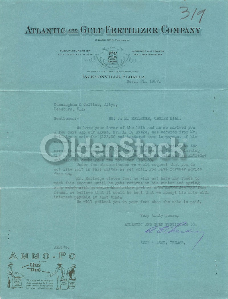 Atlantic & Gulf Fertilizer Company Jacksonville FL Antique Signed Letter 1927