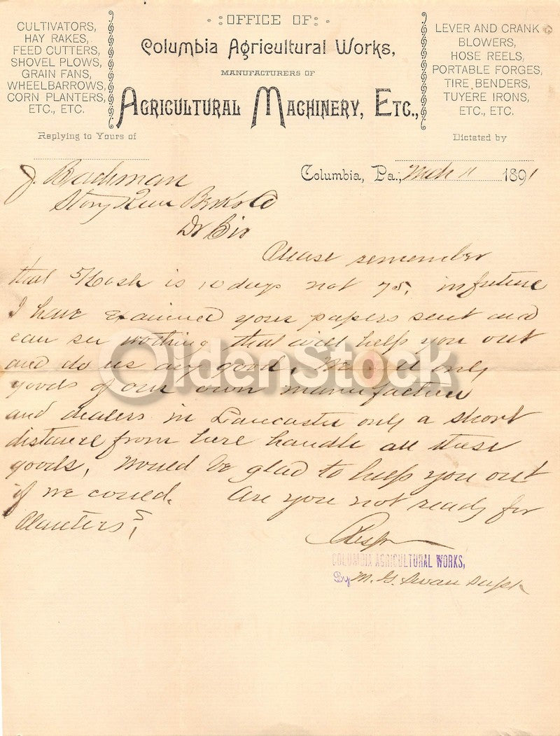 Columbia Agricultural Works Pennsylvania Farm Tool Antique Advertising Letter 1891