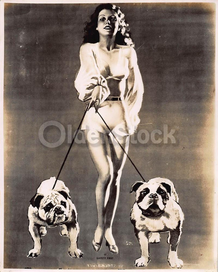 American Bulldogs with Pin-up Girl Owner VIntage Graphic Illustration Photograph