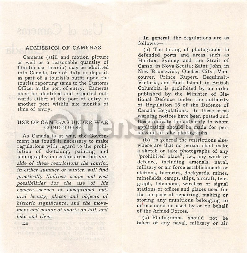 Use of Cameras in Canada During WWII Vintage War-time Travel Warning Brochure