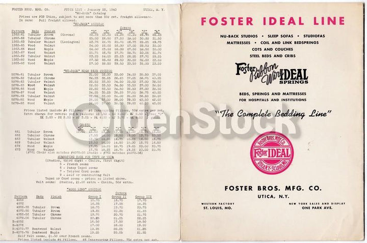 Foster Studios Nu Back Sofas Utica NY Vintage Graphic Advertising Sales Brochure