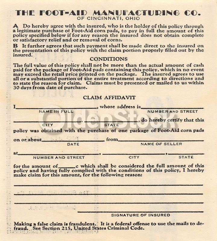 Foot Aid Manufacturing Cincinnati Ohio Antique Medical Corn Relief Insurance Policy