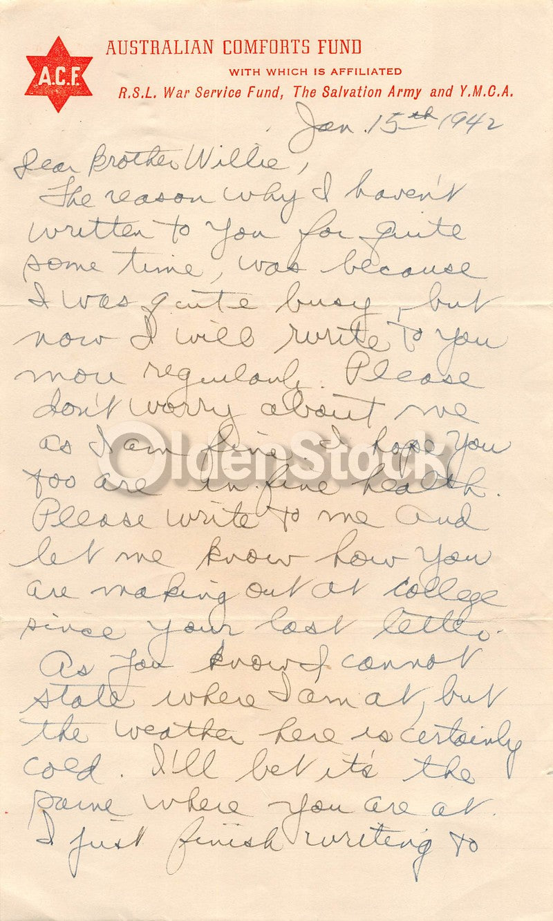 Salvation Army Australian Comforts Fund Original WWII Soldier's Letter Home 1943
