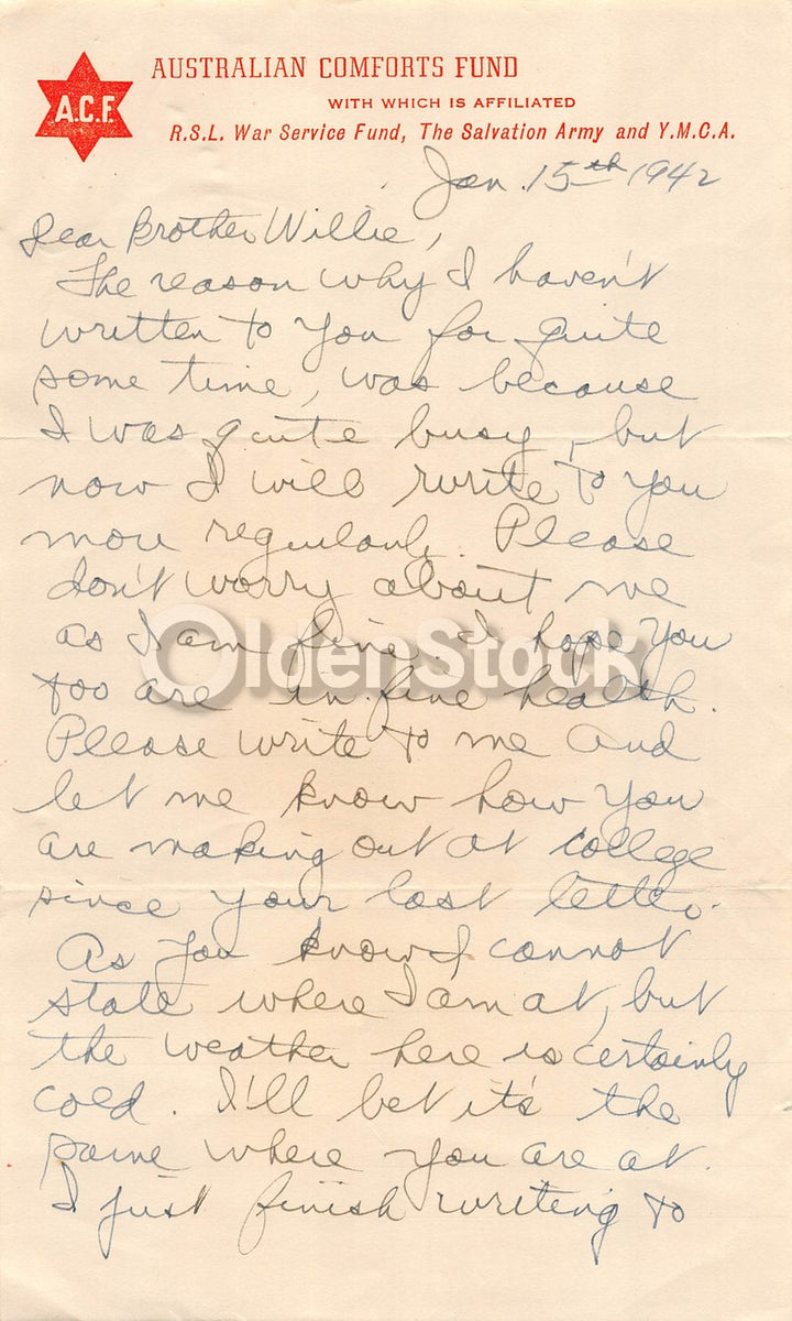 Salvation Army Australian Comforts Fund Original WWII Soldier's Letter Home 1943